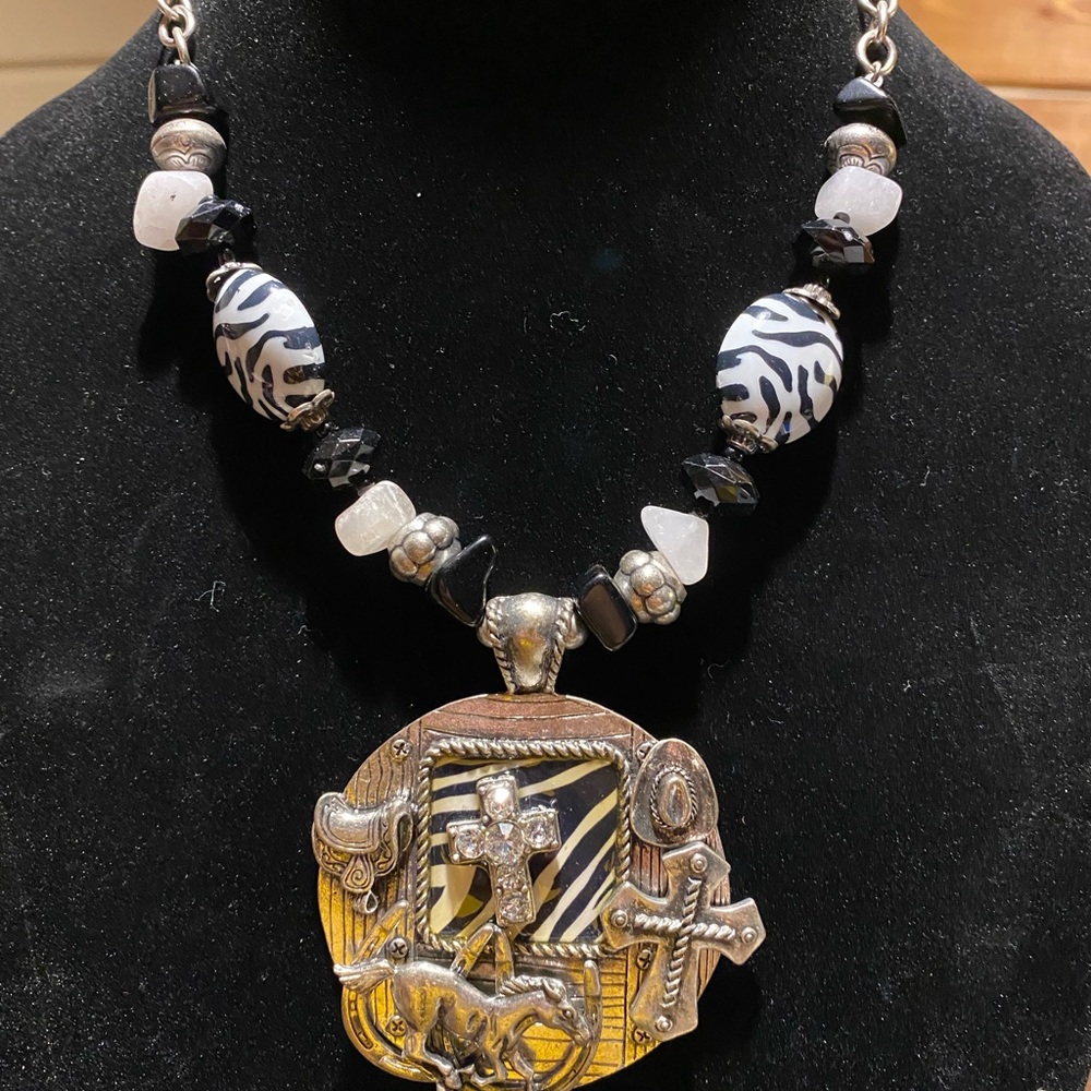 You & I Western Zebra Print Horse Cross Statement Beaded Necklace 12”